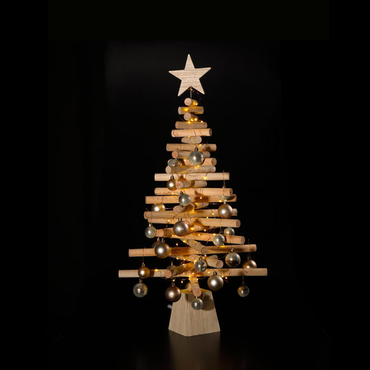88cm Wooden Christmas Tree with Decorations & Lights