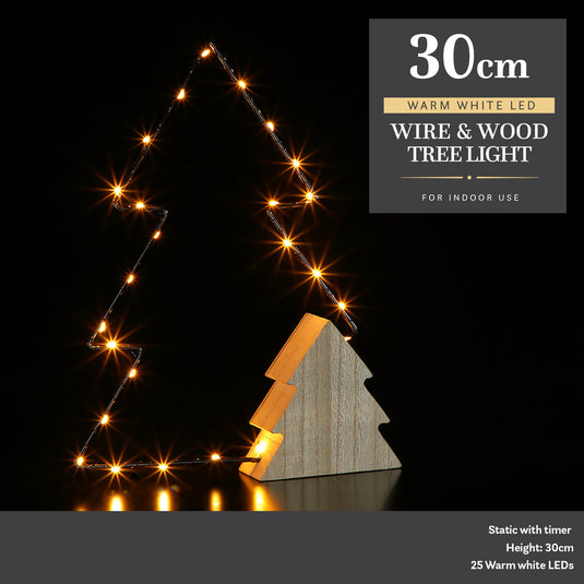 30cm Wire & Wood Tree Light with Warm White LEDs