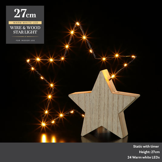 27cm Wire & Wood Star With Warm White LEDs