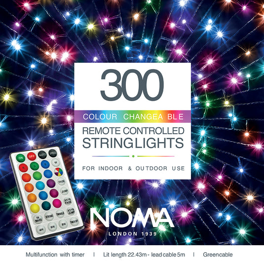 300 Colour Changeable Remote Controlled String Lights with Green Cable