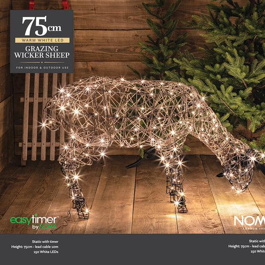 75CM Warm White Grzing Brown Wicker Sheep