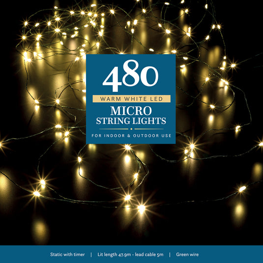 480 Warm White Micro String Lights With Green Cable