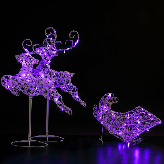 96cm Colour Changeable White Rattan Two Reindeer Sleigh - 90 LEDs