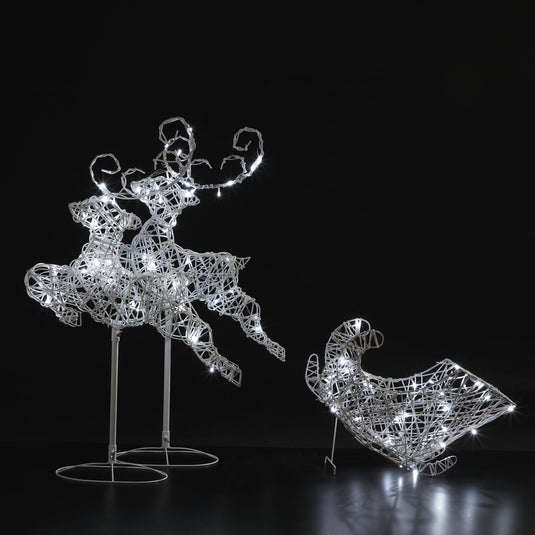 96cm Colour Changeable White Rattan Two Reindeer Sleigh - 90 LEDs