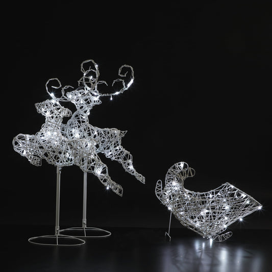 96cm Colour Changeable White Rattan Two Reindeer Sleigh - 90 LEDs