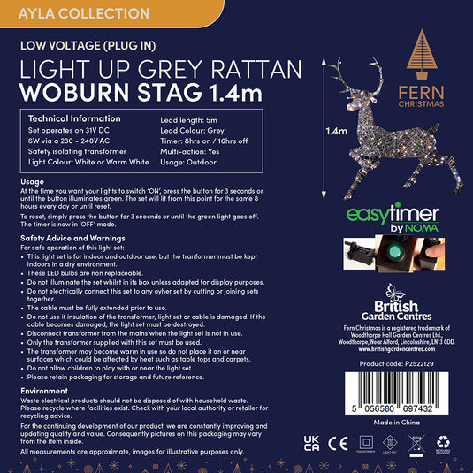 1.4M Grey Duo Bulb Rattan Woburn Stag - 300 LEDs