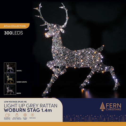 1.4M Grey Duo Bulb Rattan Woburn Stag - 300 LEDs