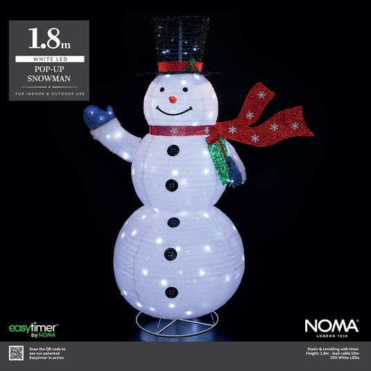 1.8M Pop Up Fleece Snowman - 200 White LEDs