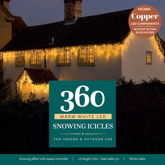 360 Warm White Snowing Icicles with White Cable