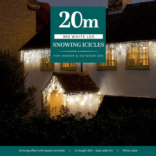20M White Snowing Icicles With White Cable - 960 LEDS