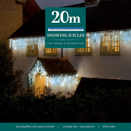 20M White/Ice Blue Snowing Icicles With White Cable - 960LEDS