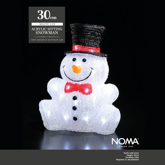 30cm Acrylic Sitting Snowman - 30 White LEDs