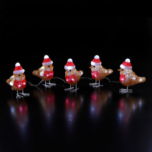Set Of 5 Acrylic Robins With Hat & Scarf