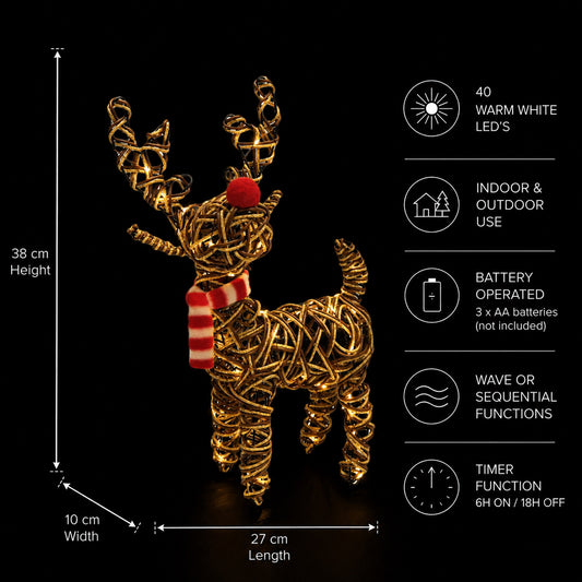 38cm Brown Wicker Rudolph With 40 LED's