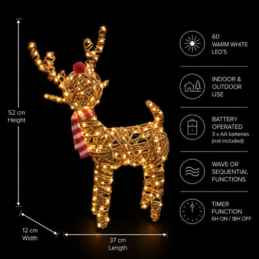 52cm Brown Wicker Rudolph With 60 LED's