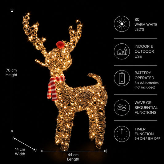 70cm Brown Wicker Rudolph With 80 LED's