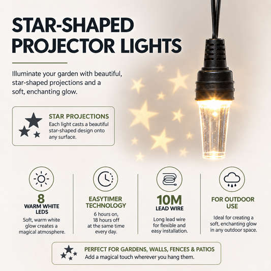 8 Warm White Star Pattern Projector String Lights