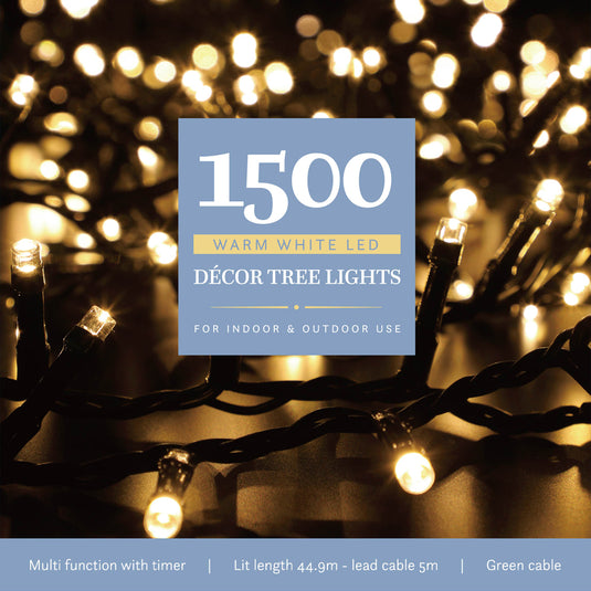 1500 Warm White Multifunction Decor Tree Lights With Green Cable