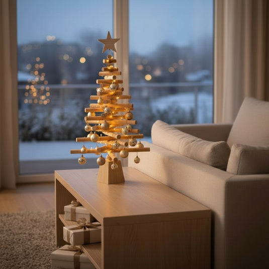 88cm Wooden Christmas Tree with Decorations & Lights