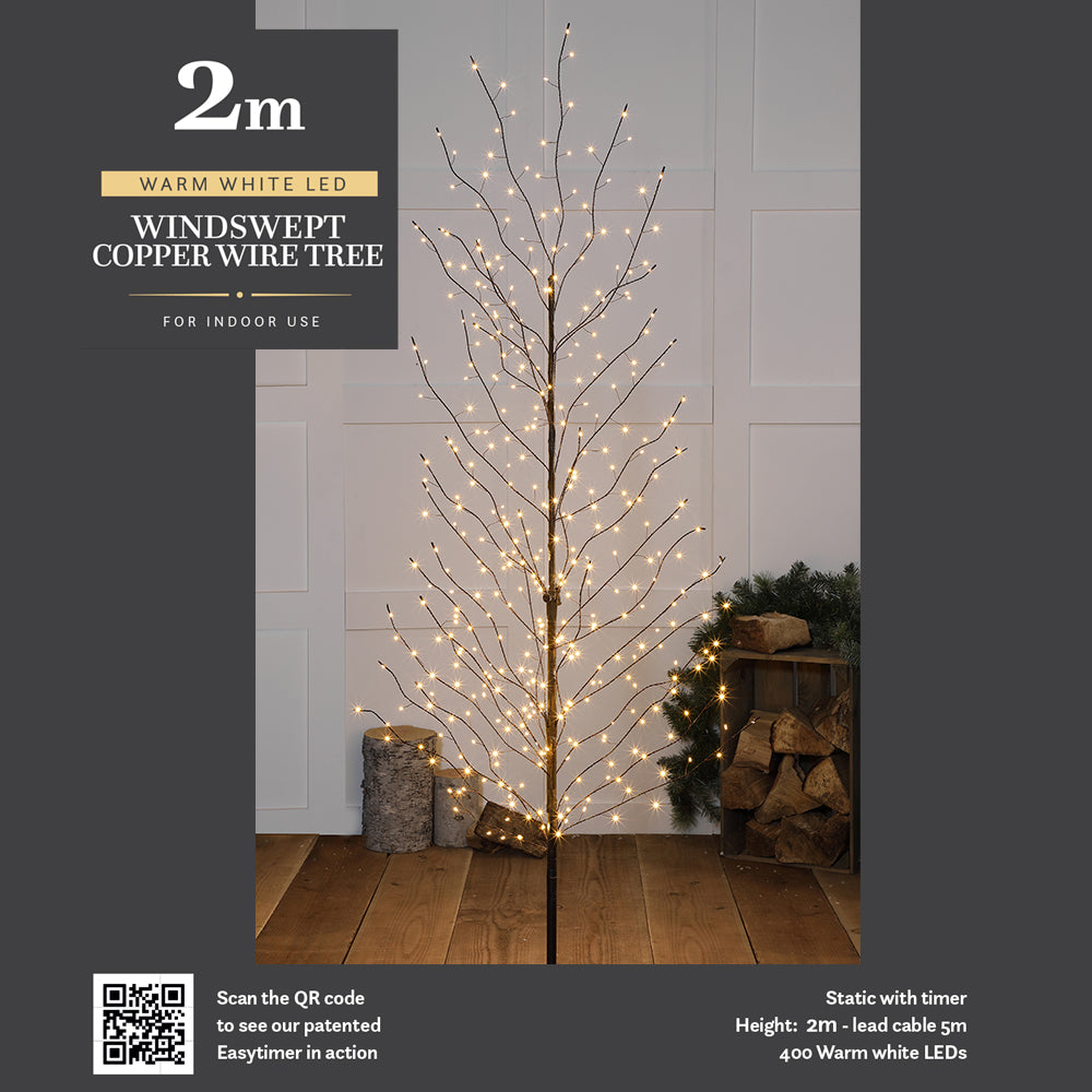 2m Warm White LED Windswept Black Tree - 400 LEDs