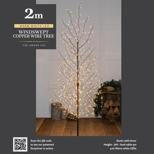 2m Warm White LED Windswept Black Tree - 400 LEDs