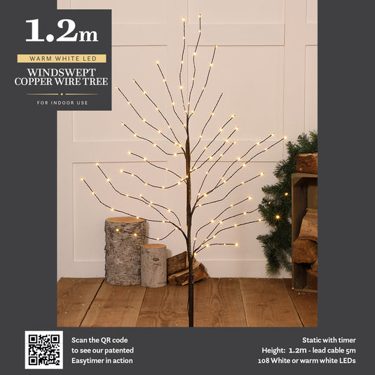 1.2m Warm White Windswept Black Tree - 108 LEDs