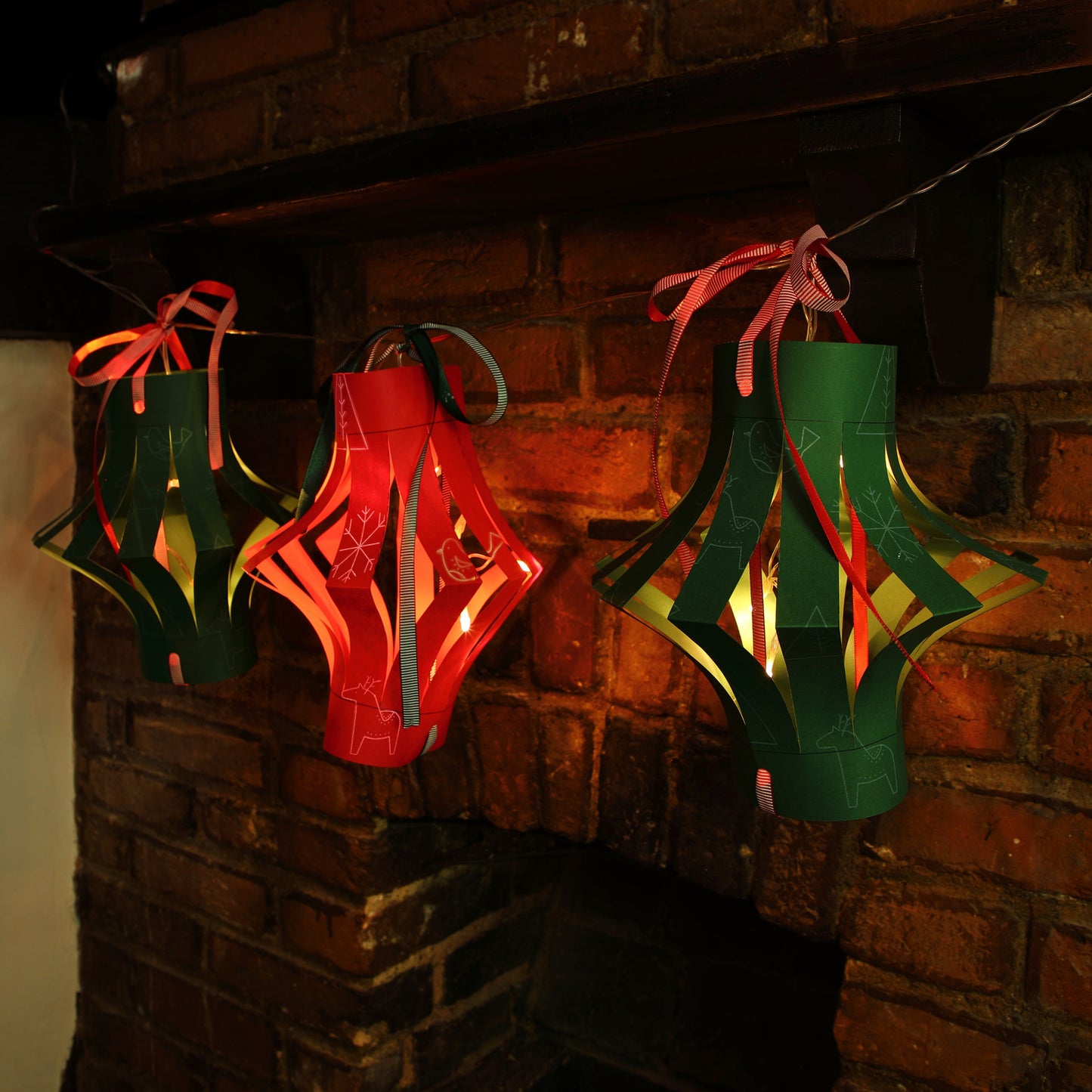 Set of 3 DIY Large Patterned Paper Lanterns with Icicle Light Chain
