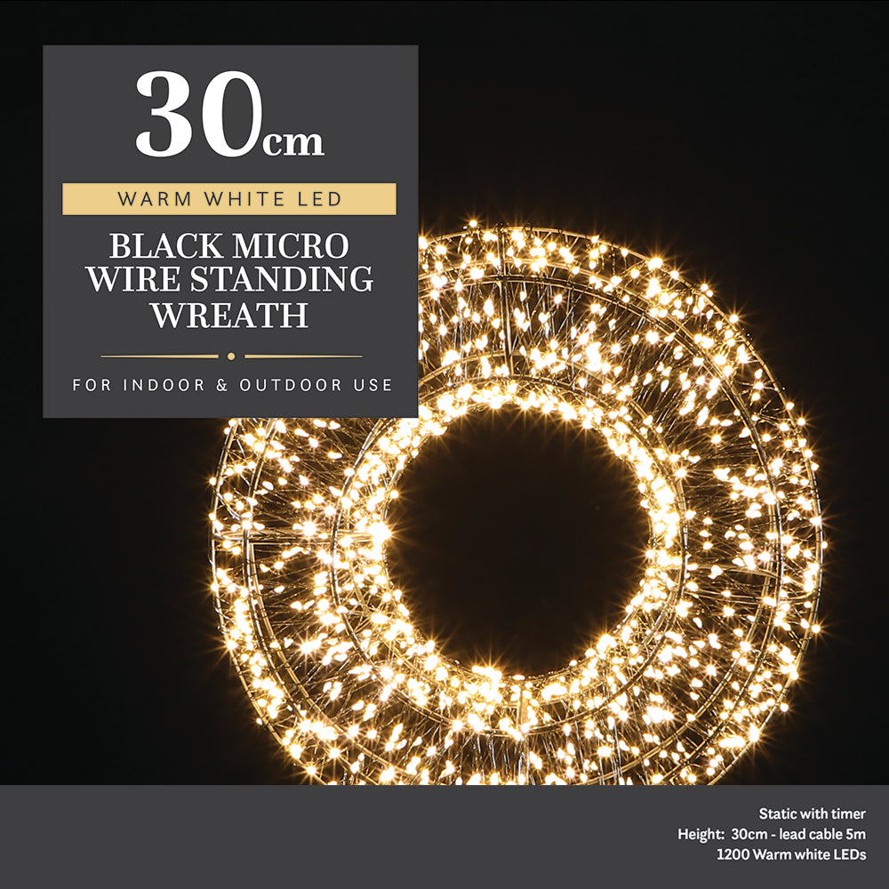 30CM Black Micro Wire Standing Wreath With 1200 LEDS