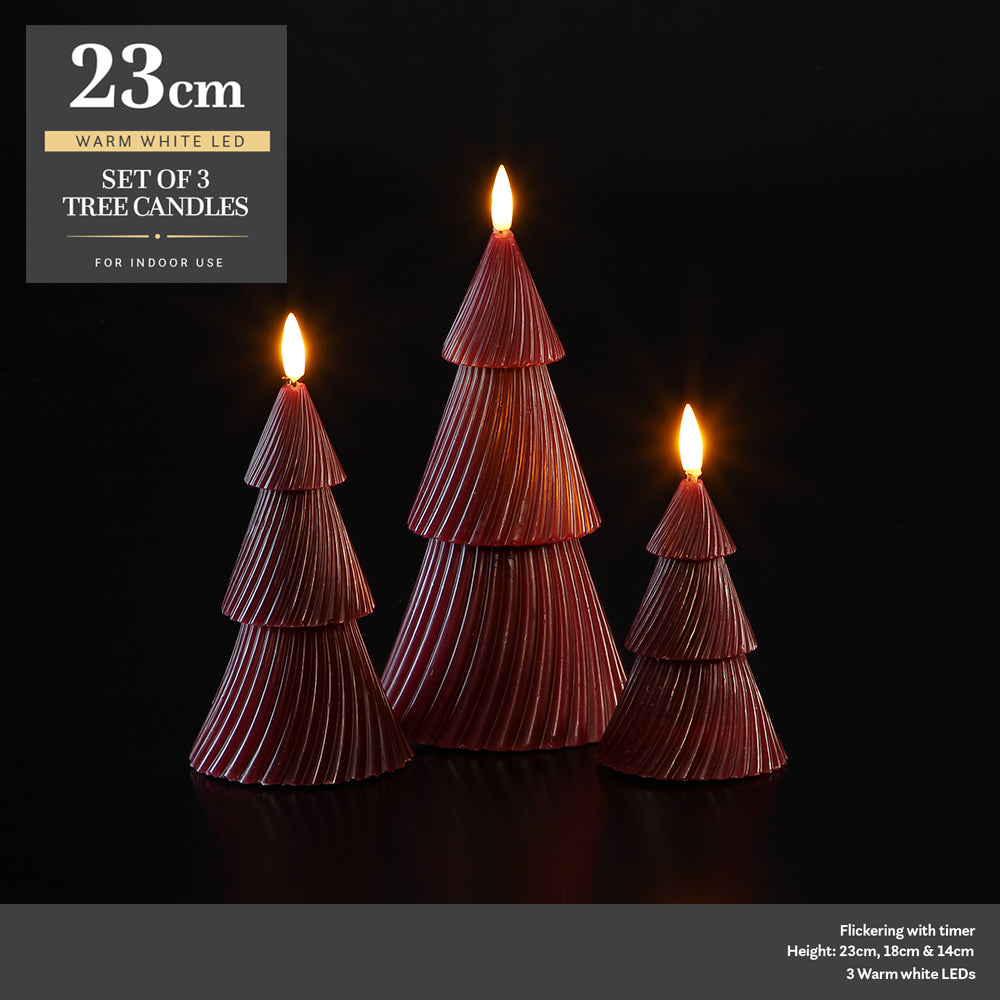 Set Of 3 Christmas Tree Wax Candle Lights - Red