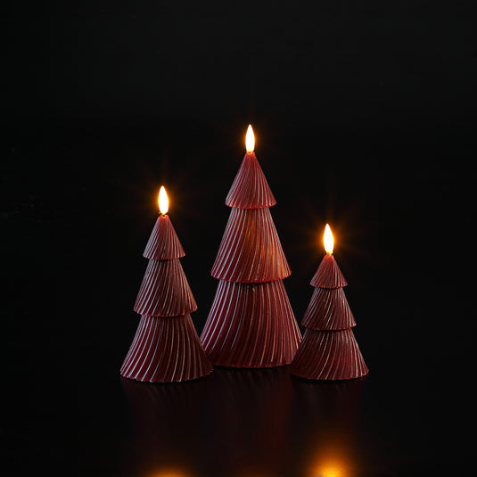 Set Of 3 Christmas Tree Wax Candle Lights - Red