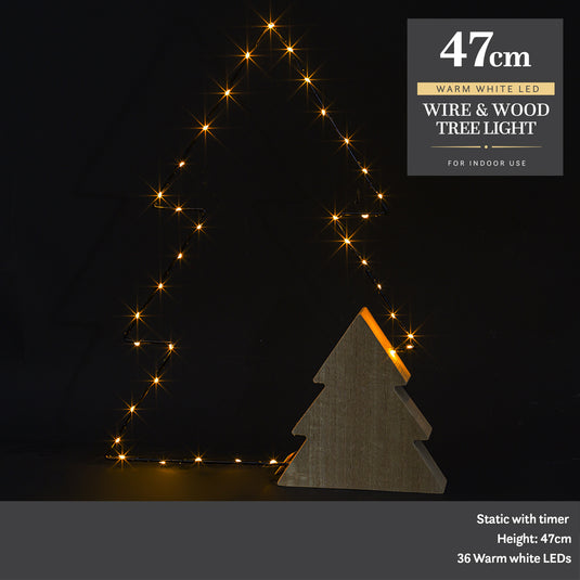 47cm Wire & Wood Tree with Warm White LEDs