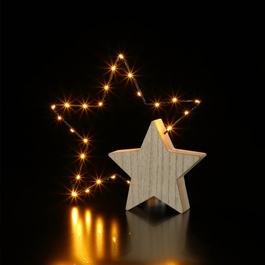 27cm Wire & Wood Star With Warm White LEDs