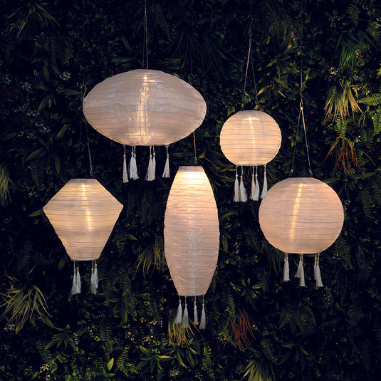 Mandarin 20cm White Long Oval Lantern with Tassels