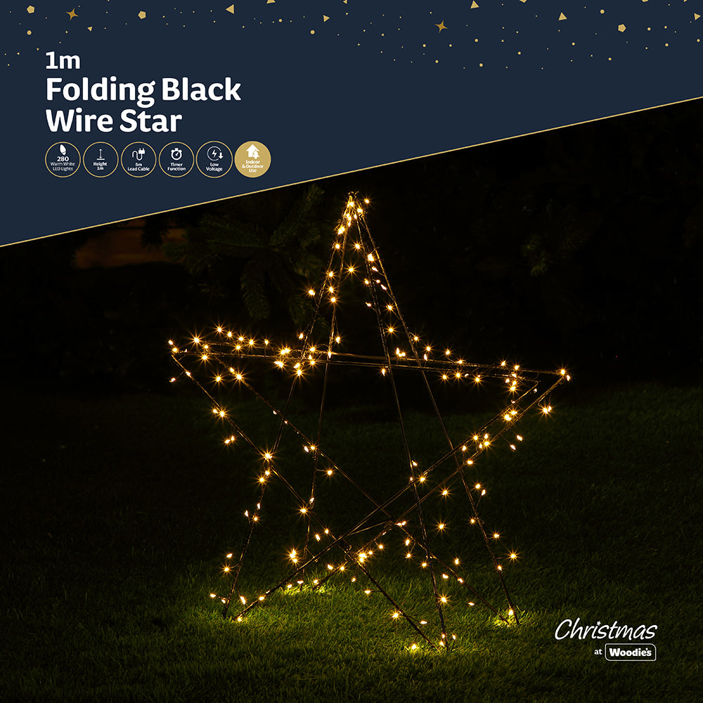 1m Warm White Folding Black Wire Star - 280 LEDs
