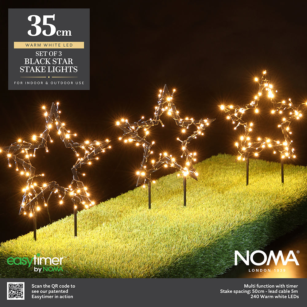 Set of 3 Black Metal Star Stake Lights - 240 LEDs