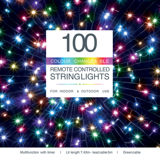 100 Colour Changeable Remote Controlled String Lights with Green Cable