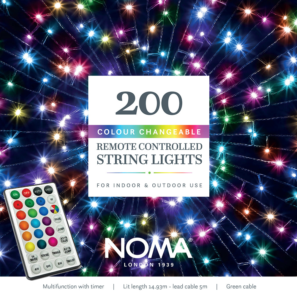 200 Colour Changeable Remote Controlled String Lights with Green Cable
