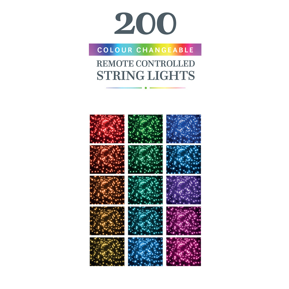 200 Colour Changeable Remote Controlled String Lights with Green Cable