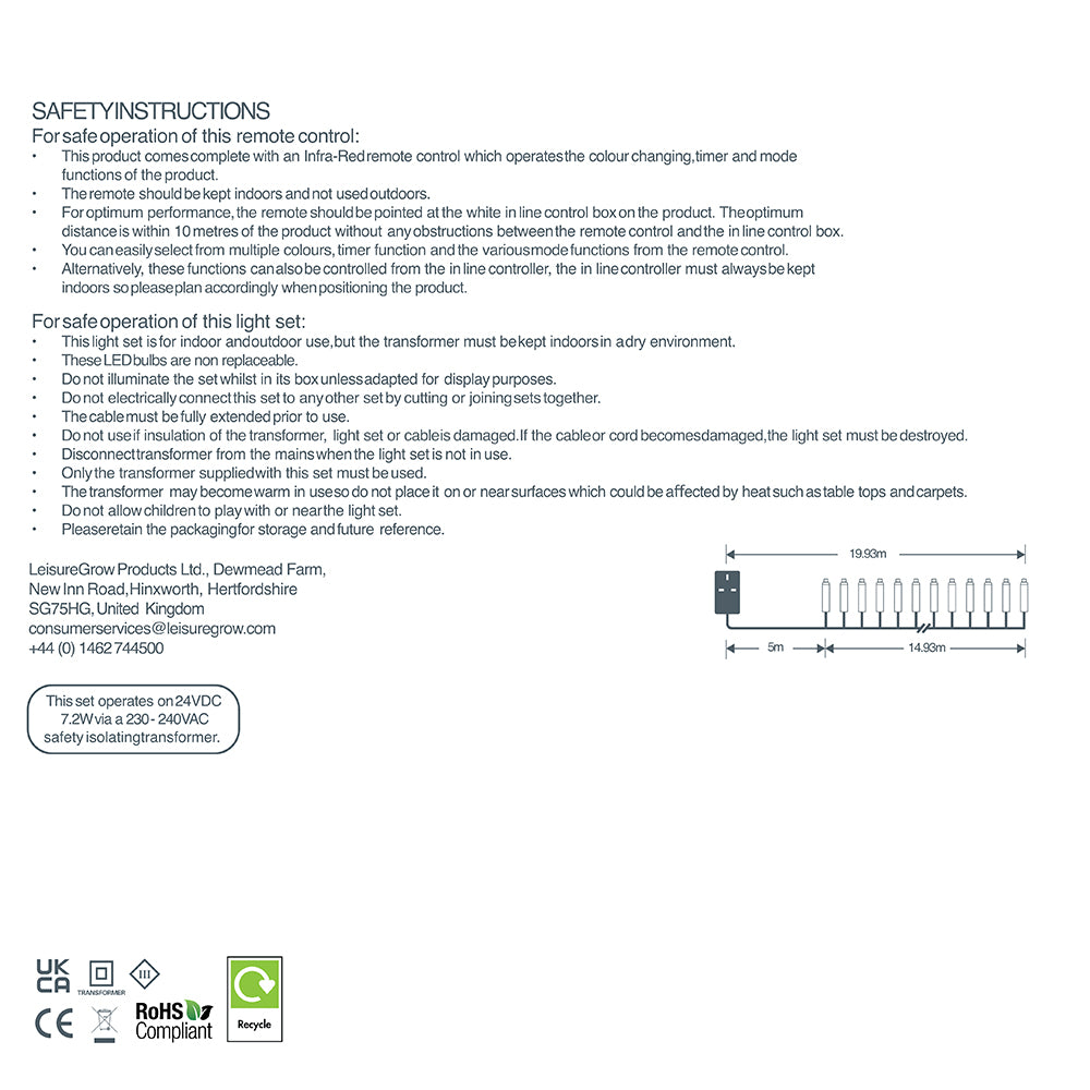 200 Colour Changeable Remote Controlled String Lights with Green Cable