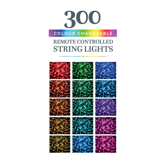 300 Colour Changeable Remote Controlled String Lights with Green Cable