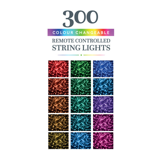 300 Colour Changeable Remote Controlled String Lights with Green Cable