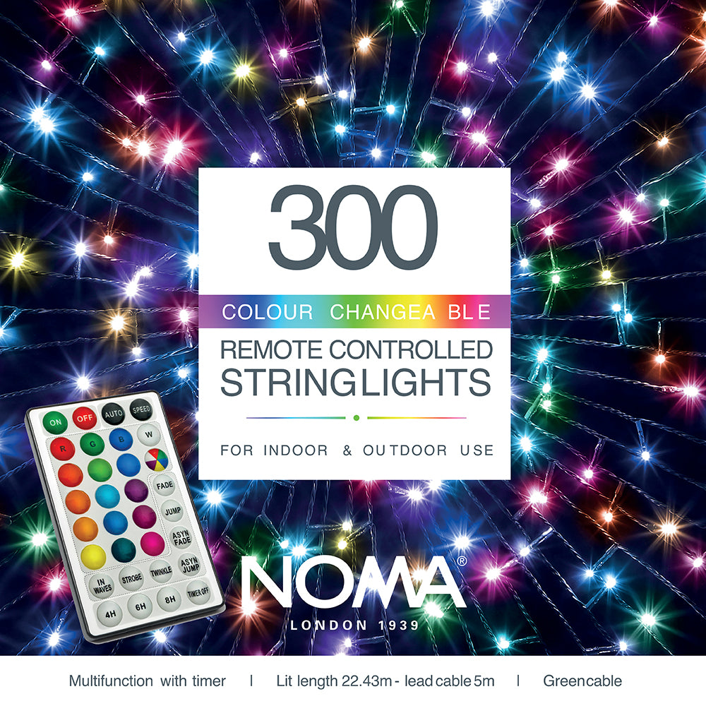 300 Colour Changeable Remote Controlled String Lights with Green Cable
