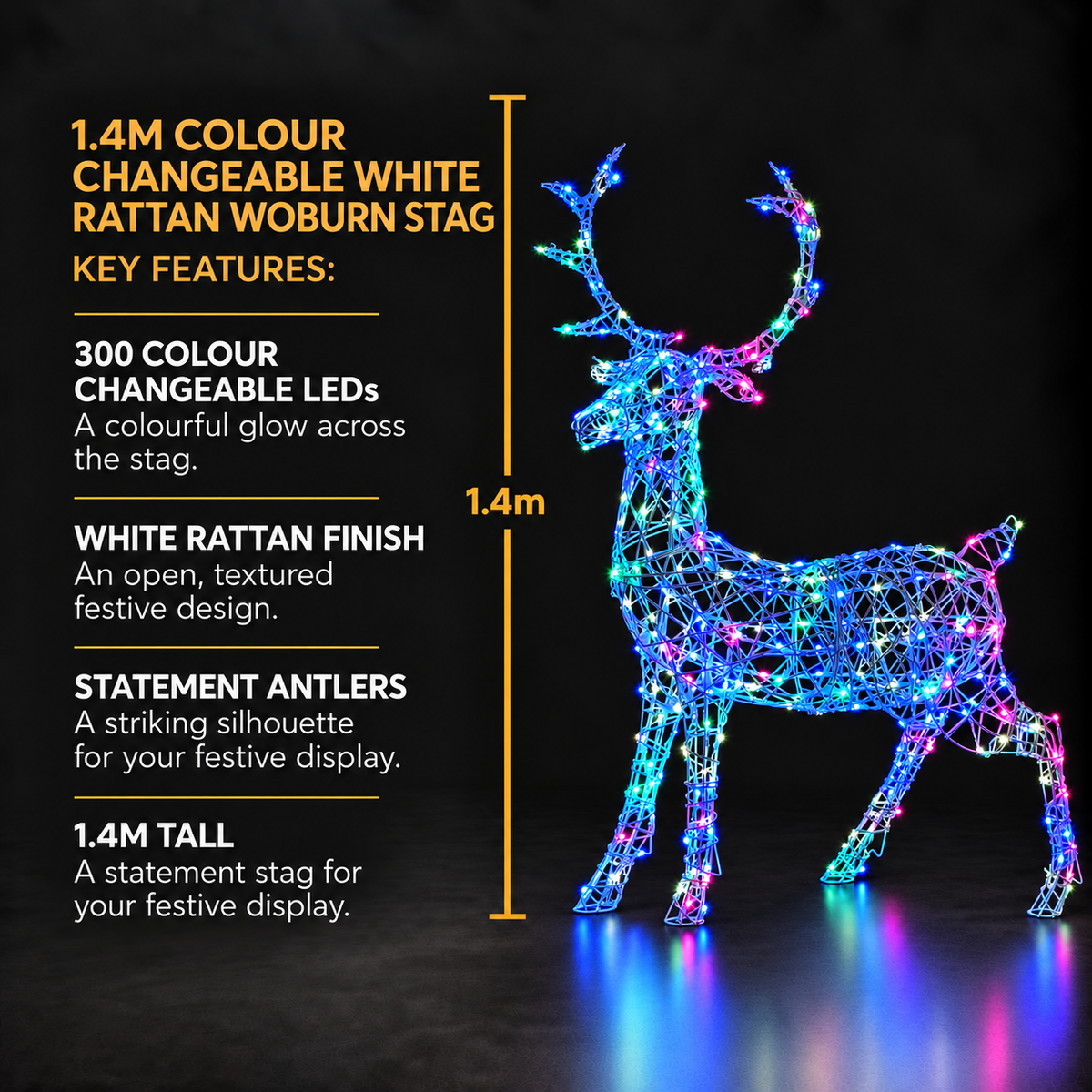 1.4M Colour Changeable White Rattan Woburn Stag - 300 LEDs