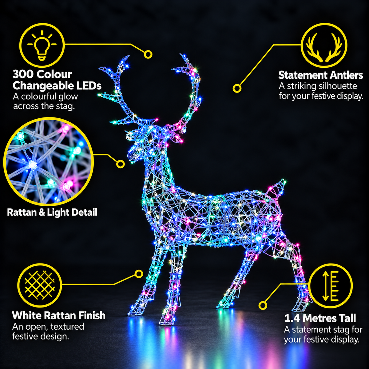 1.4M Colour Changeable White Rattan Woburn Stag - 300 LEDs