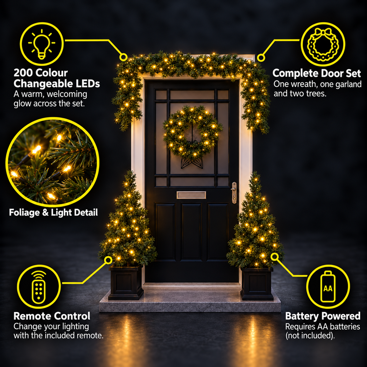 Colour Changeable Door Set with Wreath, Garland and 2 Trees - 200 LEDs