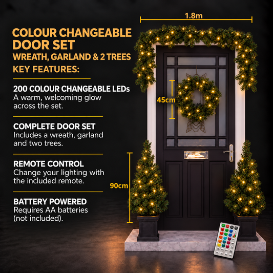Colour Changeable Door Set with Wreath, Garland and 2 Trees - 200 LEDs