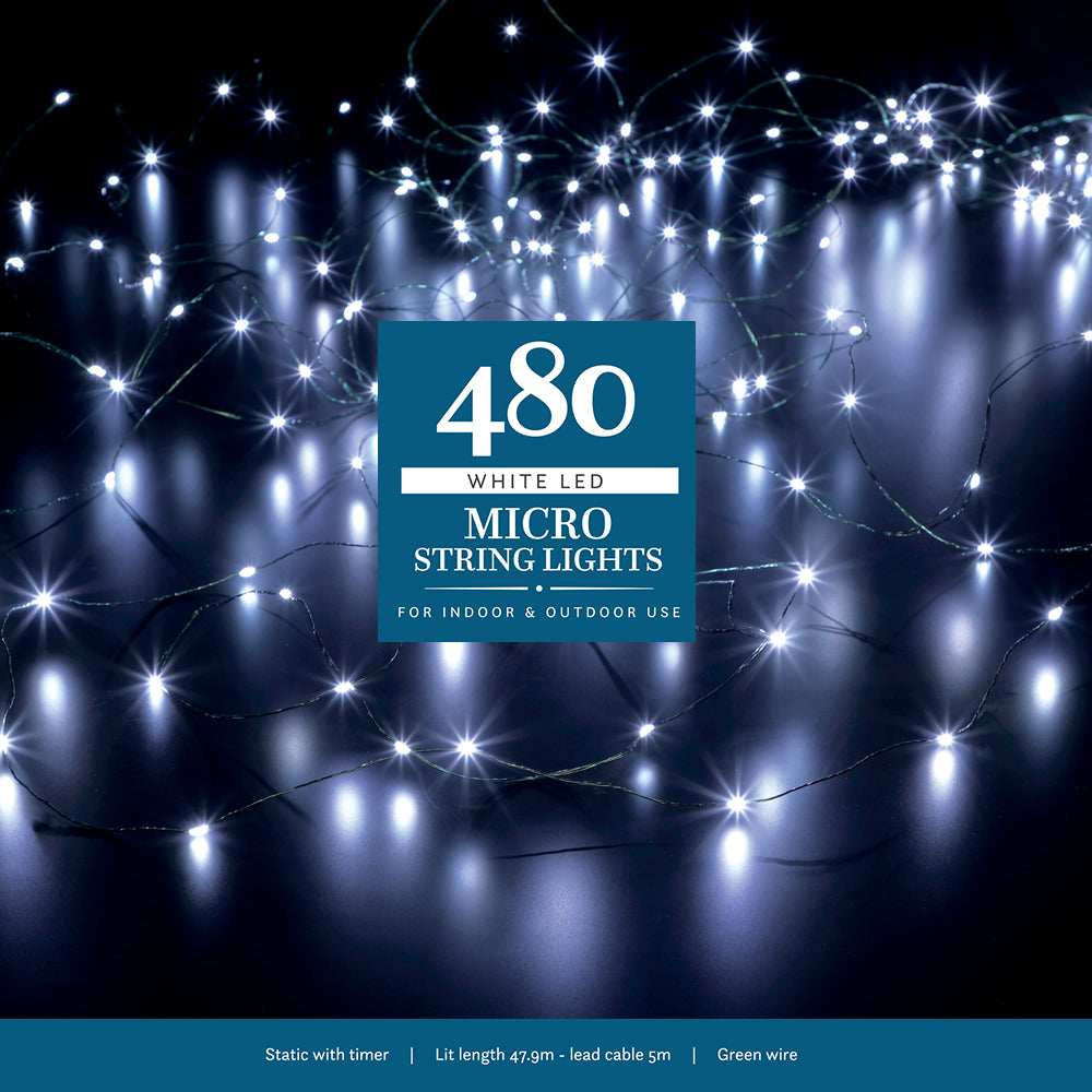480 White Micro String Lights with Green Cable