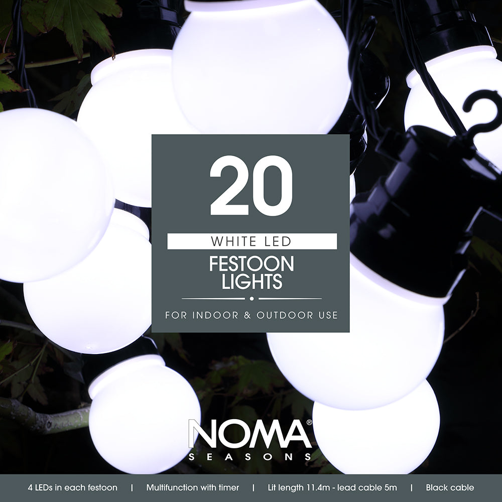 20 White Traditional Festoon Lights With Black Cable