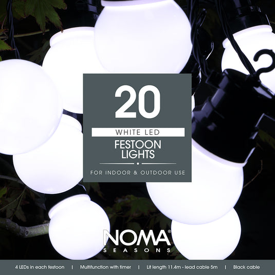 20 White Traditional Festoon Lights With Black Cable