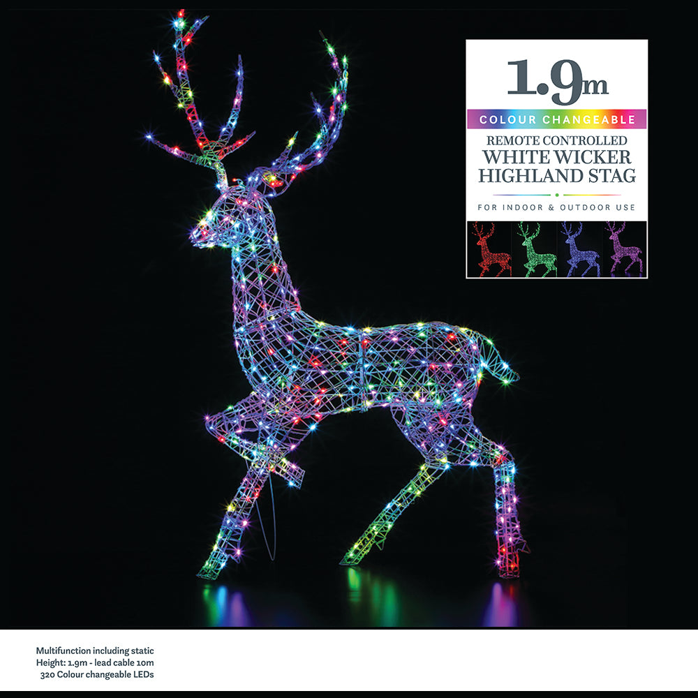 2M Colour Changeable White Rattan Highland Stag - 320 LEDs